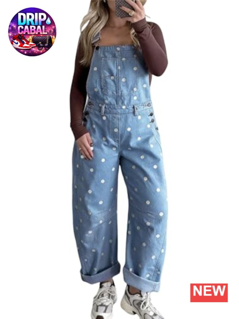 Y2K Polka Dot Denim Bib Overalls Wide Leg Baggy Barrel Jeans Jumpsuits
